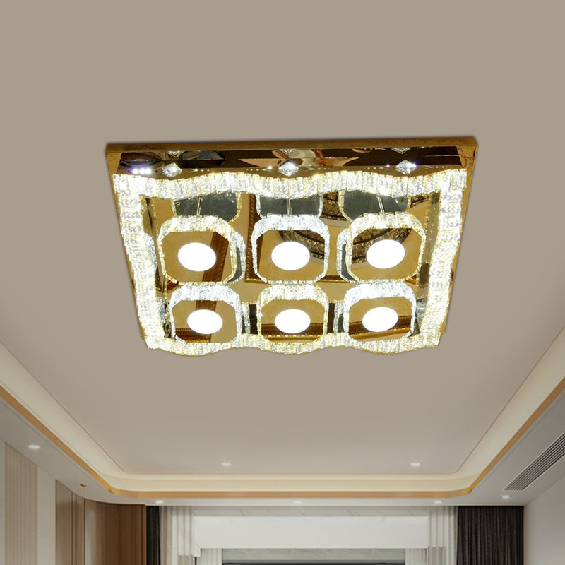 Modern LED Chrome Flush Ceiling Light Fixture - Clear Crystal Wave Rectangle Lamp
