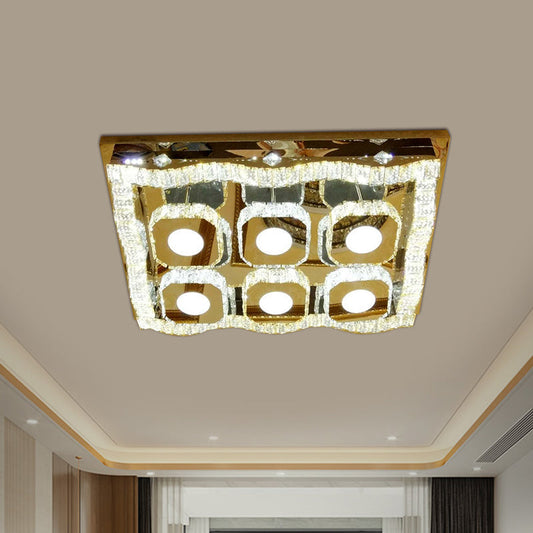 Modern LED Chrome Flush Ceiling Light Fixture - Clear Crystal Wave Rectangle Lamp