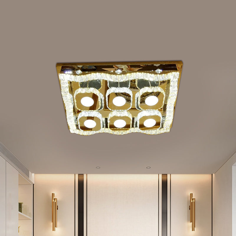 Modern Led Chrome Flush Ceiling Light Fixture - Clear Crystal Wave Rectangle Lamp