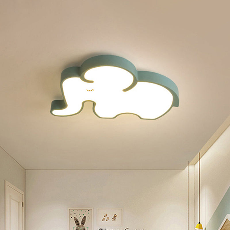 Nordic LED Flush Mount Ceiling Lamp with Elephant Acrylic Shade in Blue/White for Bedroom
