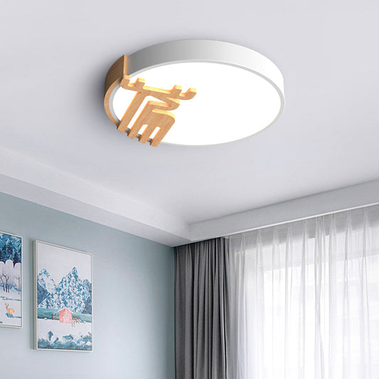Nordic Acrylic LED Flush Light Fixture with Wood Deer Decoration - Gray/White/Green