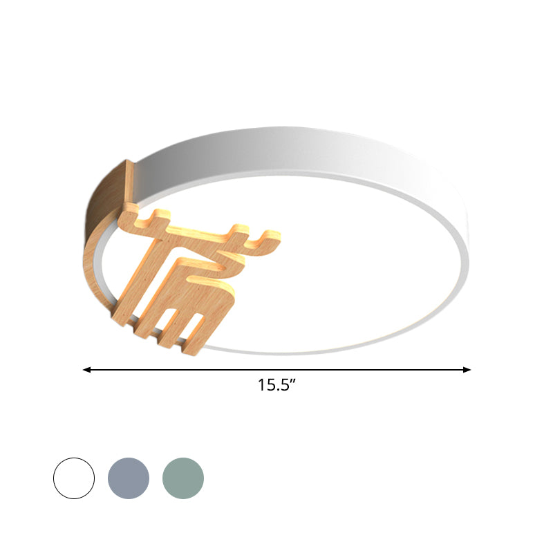 Nordic Acrylic LED Flush Light Fixture with Wood Deer Decoration - Gray/White/Green
