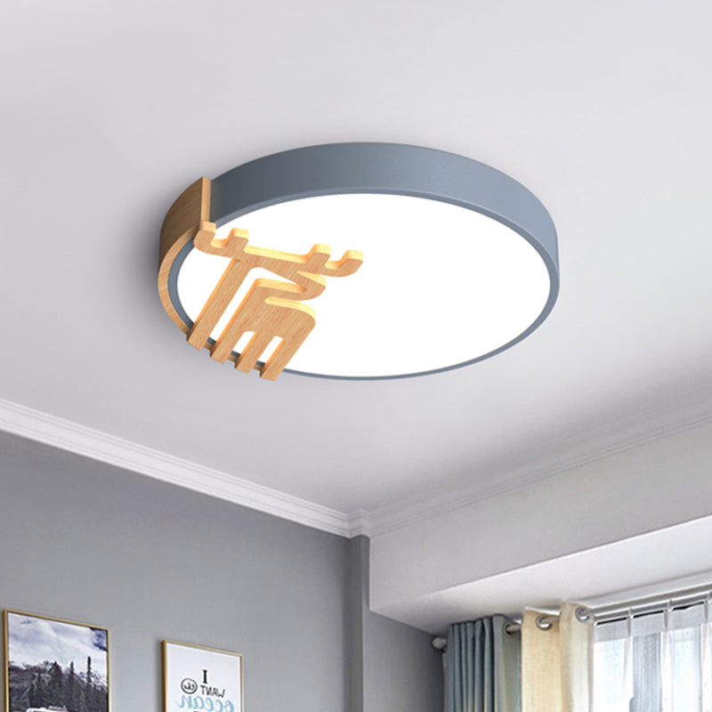 Nordic Acrylic LED Flush Light Fixture with Wood Deer Decoration - Gray/White/Green