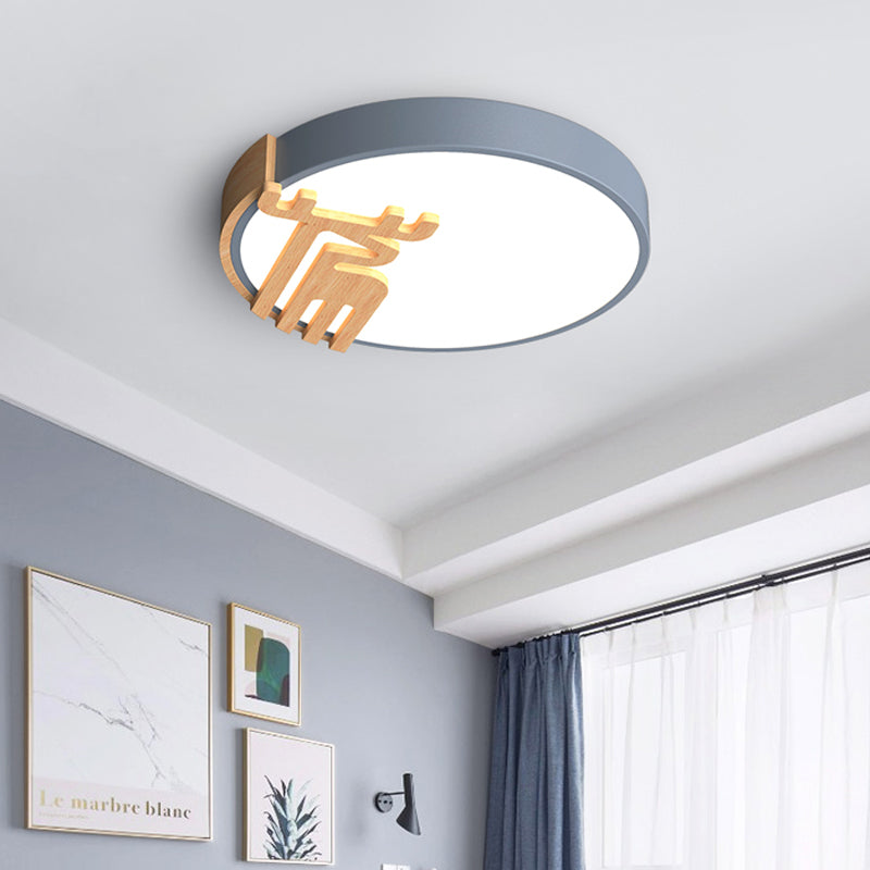 Nordic Acrylic LED Flush Light Fixture with Wood Deer Decoration - Gray/White/Green