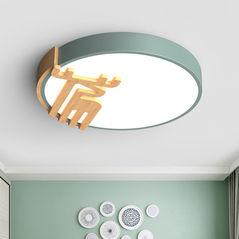 Nordic Acrylic LED Flush Light Fixture with Wood Deer Decoration - Gray/White/Green