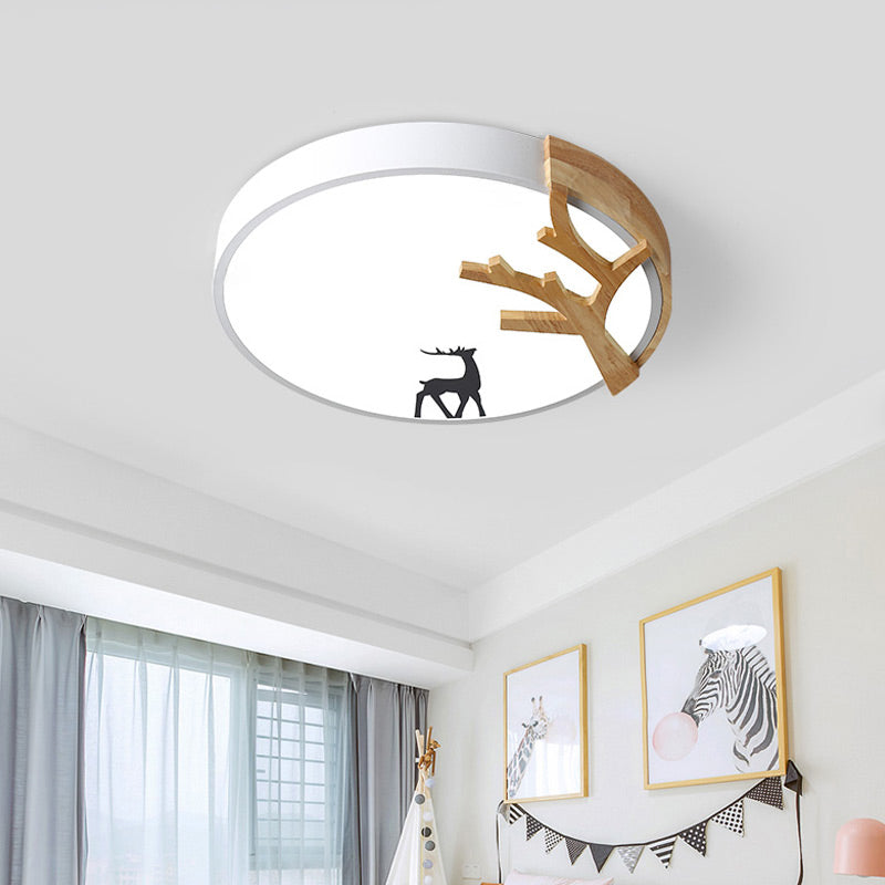 Contemporary LED Acrylic Drum Flush Mount Lighting - Green/White/Gray Ceiling Light with Deer Decoration