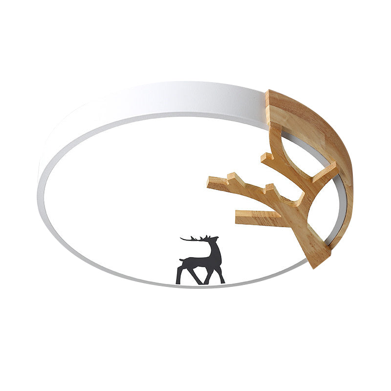 Contemporary LED Acrylic Drum Flush Mount Lighting - Green/White/Gray Ceiling Light with Deer Decoration