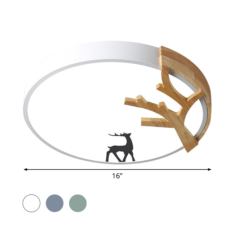 Contemporary LED Acrylic Drum Flush Mount Lighting - Green/White/Gray Ceiling Light with Deer Decoration