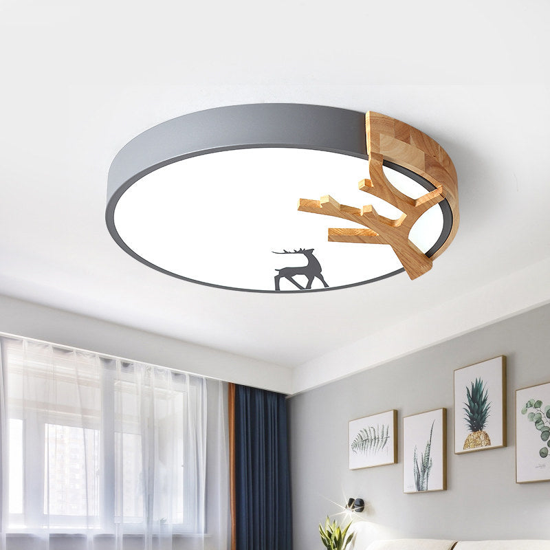 Contemporary LED Acrylic Drum Flush Mount Lighting - Green/White/Gray Ceiling Light with Deer Decoration