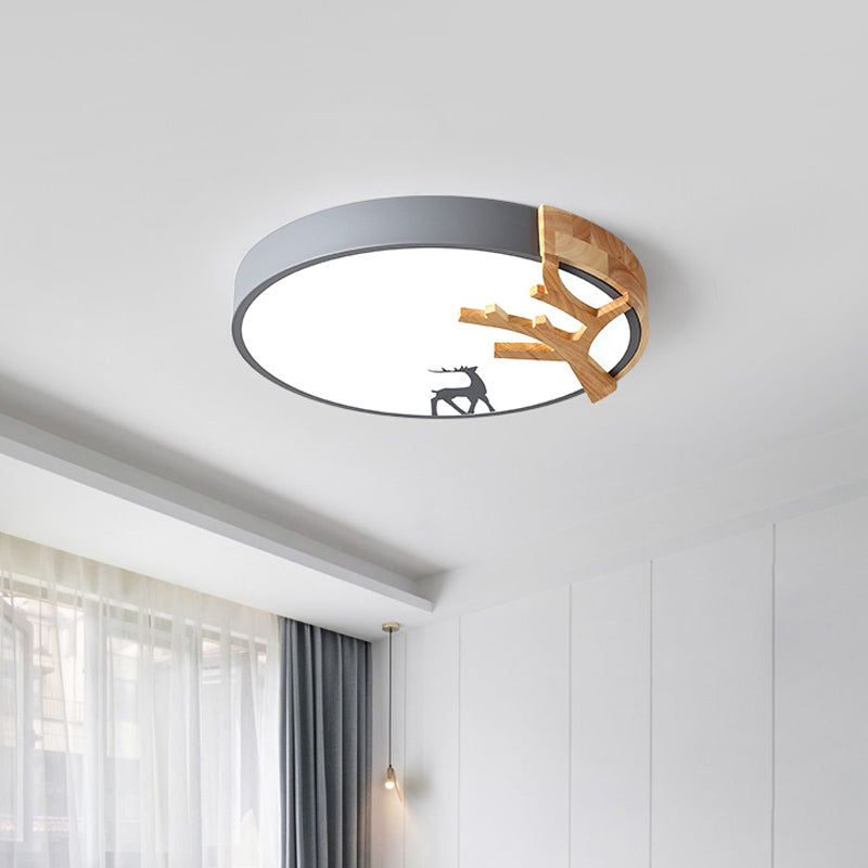 Contemporary LED Acrylic Drum Flush Mount Lighting - Green/White/Gray Ceiling Light with Deer Decoration