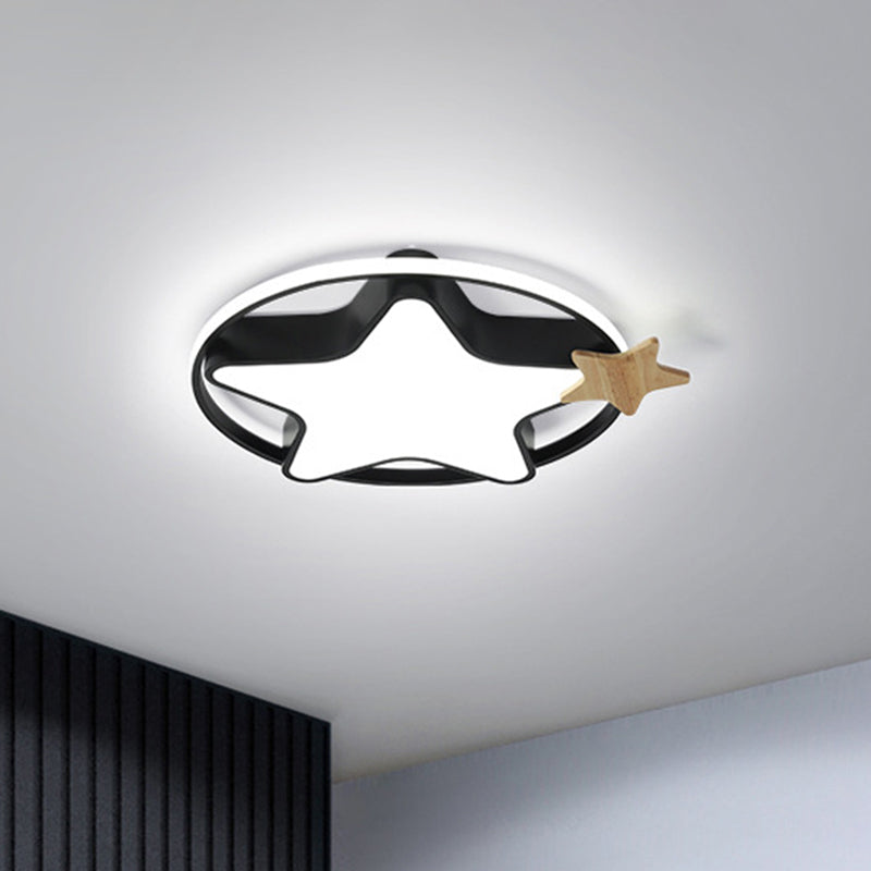 Minimalist Pentagram LED Flushmount Ceiling Lamp for Kids Bedroom in Black/Grey and Wood