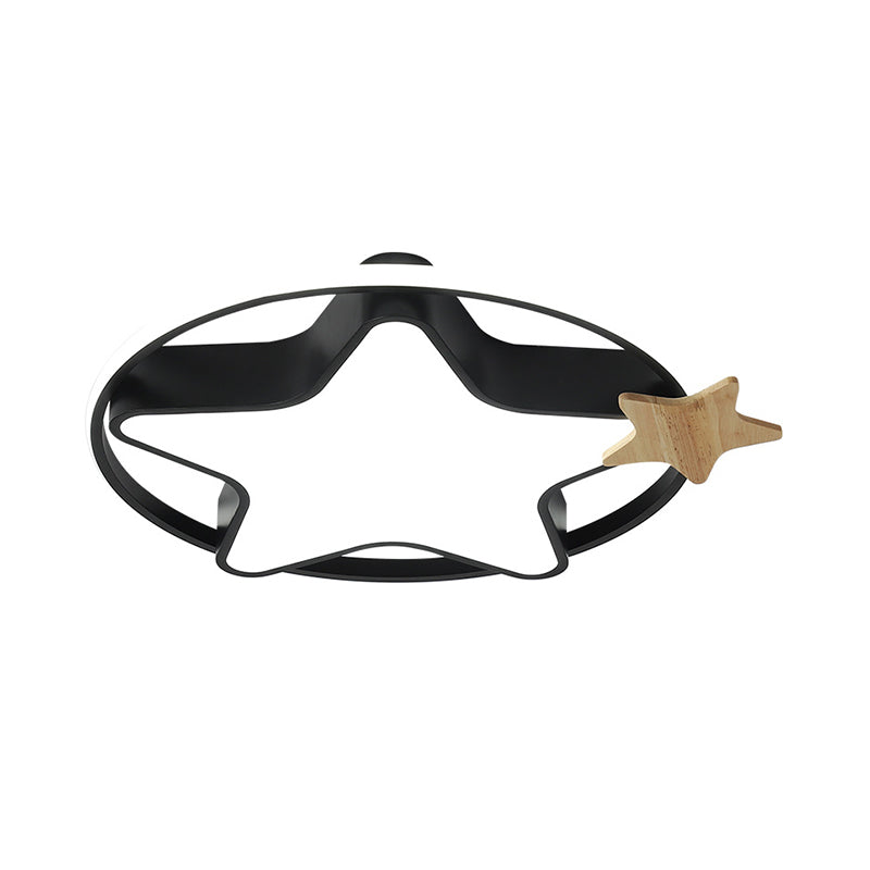 Minimalist Pentagram LED Flushmount Ceiling Lamp for Kids Bedroom in Black/Grey and Wood