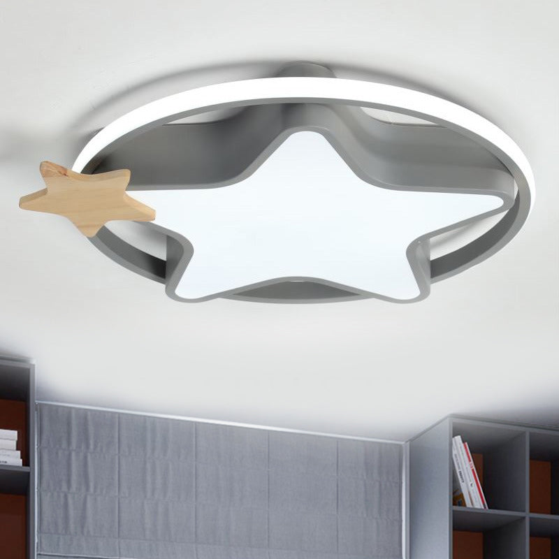 Minimalist Pentagram LED Flushmount Ceiling Lamp for Kids Bedroom in Black/Grey and Wood
