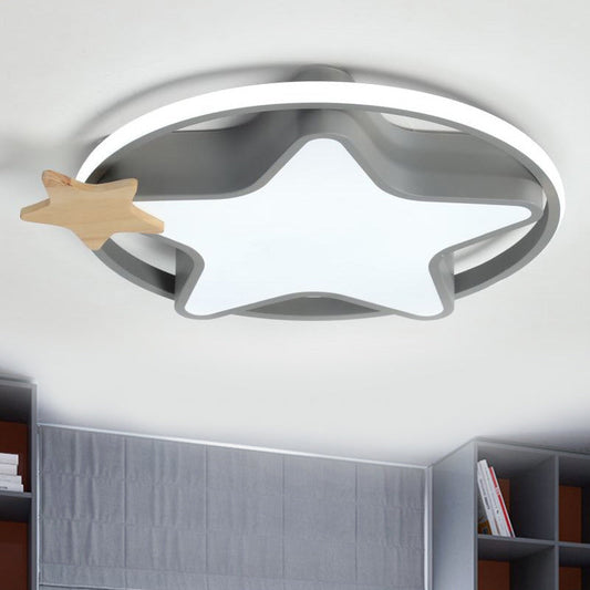 Minimalist Pentagram LED Flushmount Ceiling Lamp for Kids Bedroom in Black/Grey and Wood