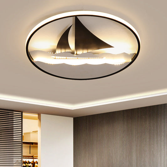 Black Sailboat Flushmount Lamp for Kids' Rooms - Ocean-themed LED Fixture