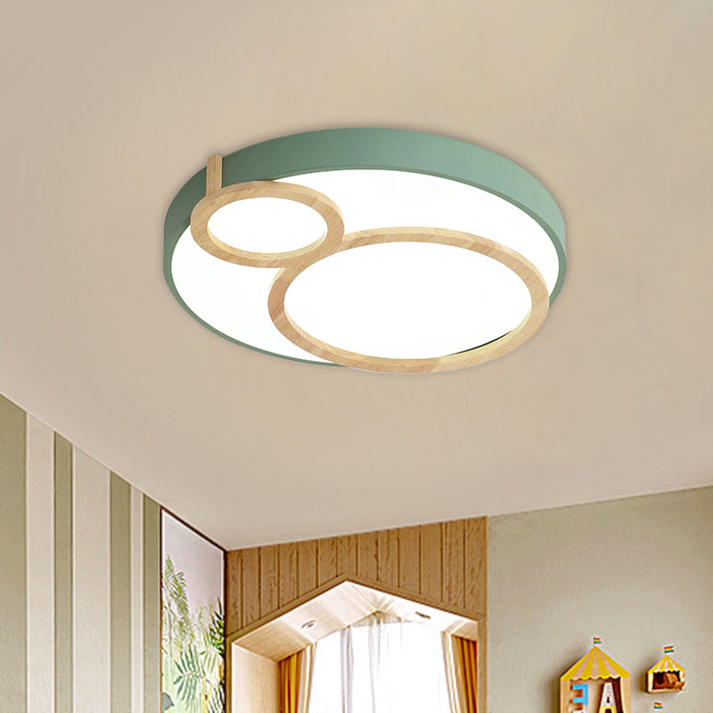 Macaron Acrylic LED Flush Mount Light Fixture with Wood Accent - White/Green/Grey