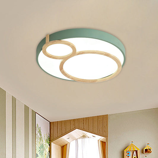 Macaron Acrylic LED Flush Mount Light Fixture with Wood Accent - White/Green/Grey