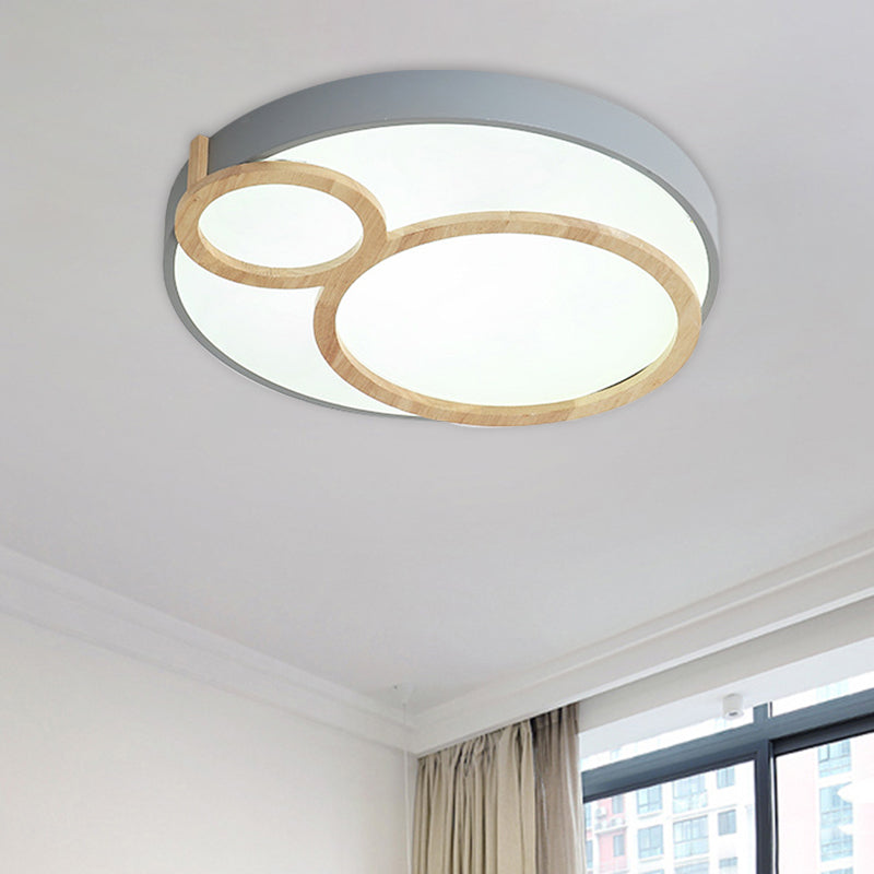 Macaron Acrylic LED Flush Mount Light Fixture with Wood Accent - White/Green/Grey