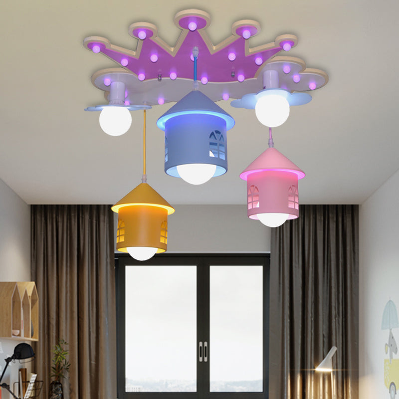 Plafonnier encastré en forme de couronne rose avec abat-jour en fer - Lampe semi-encastrée en bois, 5 lumières