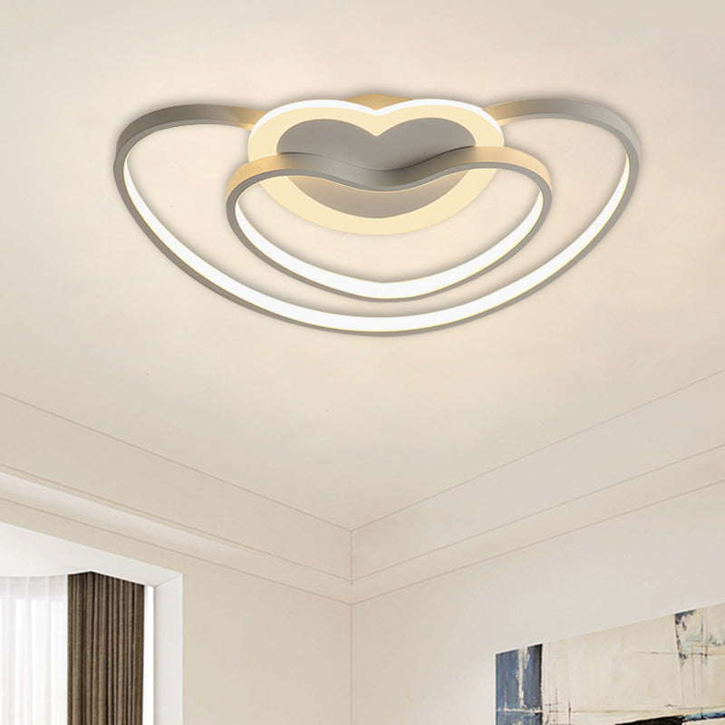 Nordic LED Ceiling Flush Light with Dual Loving Heart Frame in White, Pink, or Blue Acrylic Shade