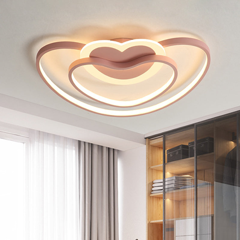 Nordic LED Ceiling Flush Light with Dual Loving Heart Frame in White, Pink, or Blue Acrylic Shade