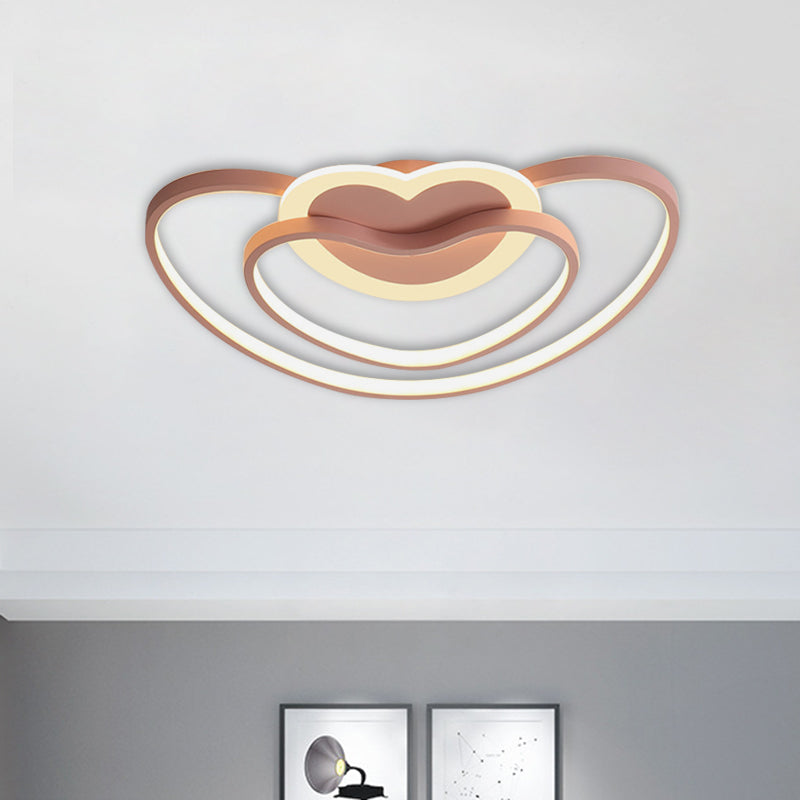 Nordic LED Ceiling Flush Light with Dual Loving Heart Frame in White, Pink, or Blue Acrylic Shade