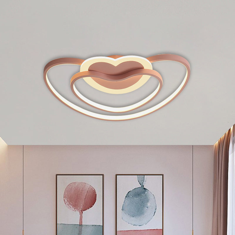 Nordic LED Ceiling Flush Light with Dual Loving Heart Frame in White, Pink, or Blue Acrylic Shade