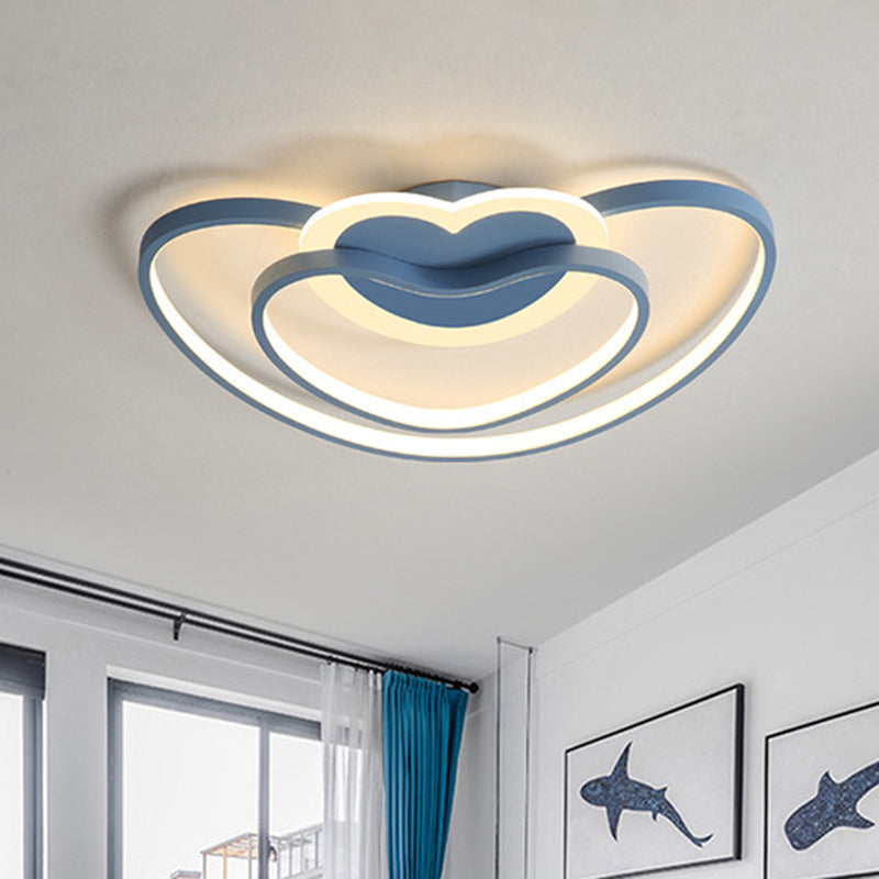 Nordic LED Ceiling Flush Light with Dual Loving Heart Frame in White, Pink, or Blue Acrylic Shade