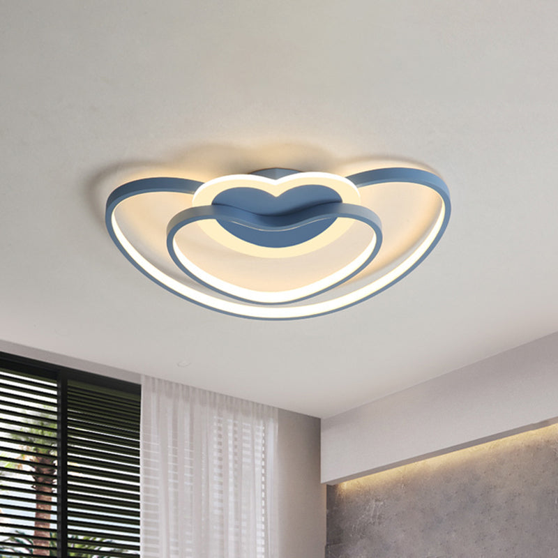 Nordic LED Ceiling Flush Light with Dual Loving Heart Frame in White, Pink, or Blue Acrylic Shade