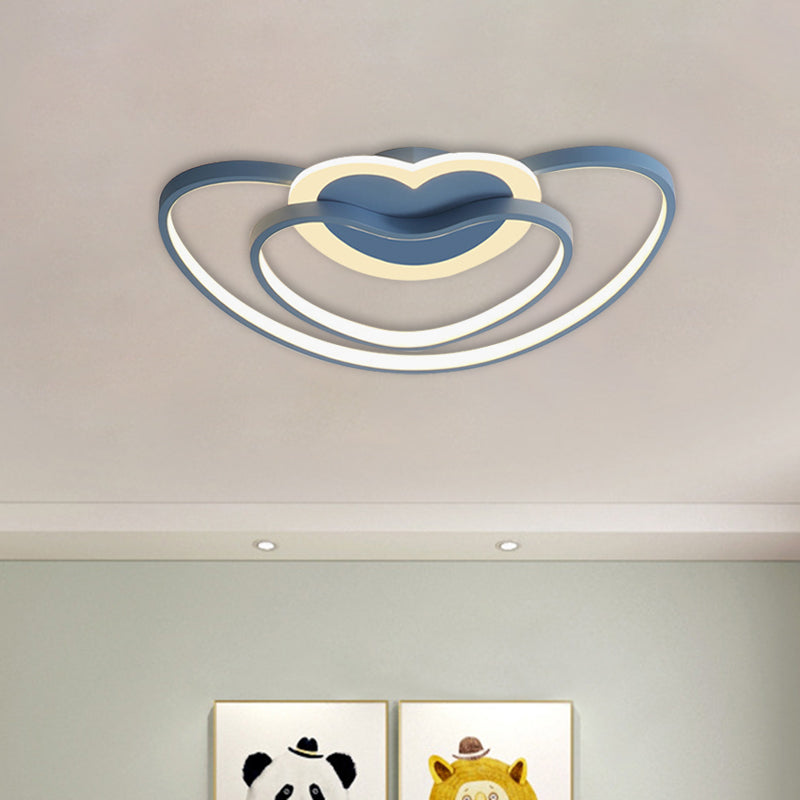 Nordic LED Ceiling Flush Light with Dual Loving Heart Frame in White, Pink, or Blue Acrylic Shade