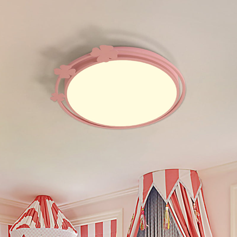 Kid's LED Pink Flushmount Light with Metallic Round Shape, Clover Deco, in White/Warm Light