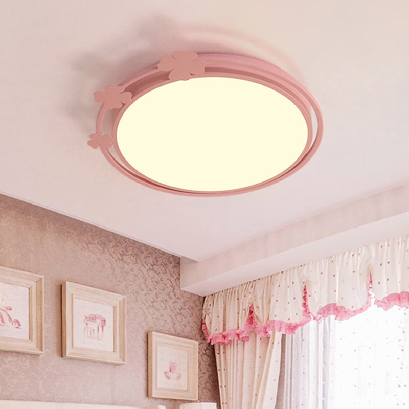 Kid's LED Pink Flushmount Light with Metallic Round Shape, Clover Deco, in White/Warm Light