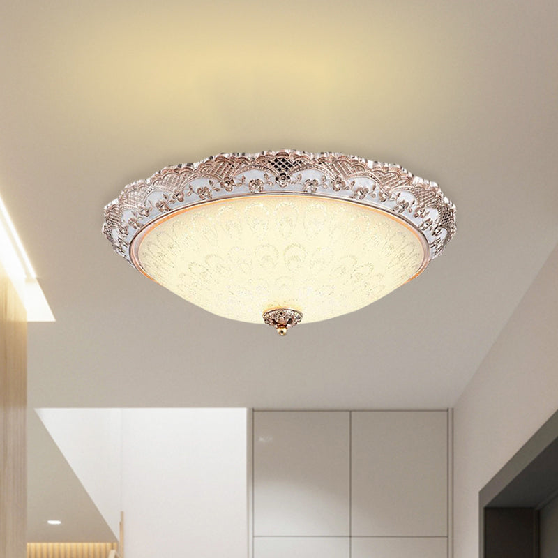 Traditional White Glass LED Flush Mount with Carved Trim – Bowl-Shaped Bedroom Beige Flushmount