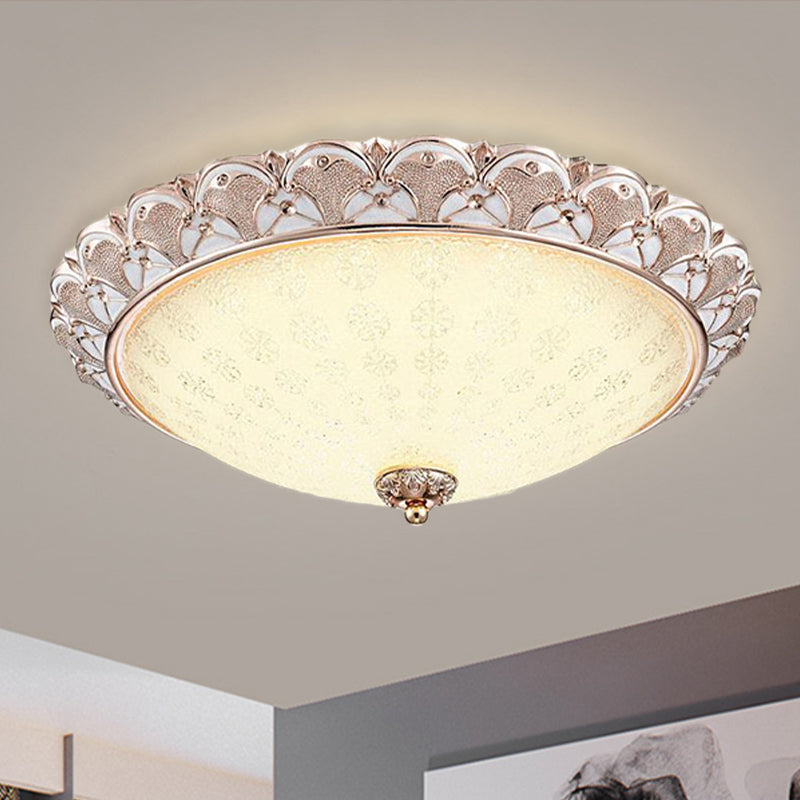 Traditional White Glass LED Flush Mount with Carved Trim – Bowl-Shaped Bedroom Beige Flushmount