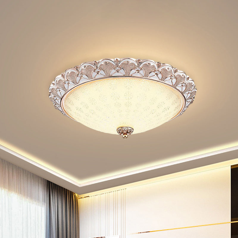 Traditional White Glass LED Flush Mount with Carved Trim – Bowl-Shaped Bedroom Beige Flushmount