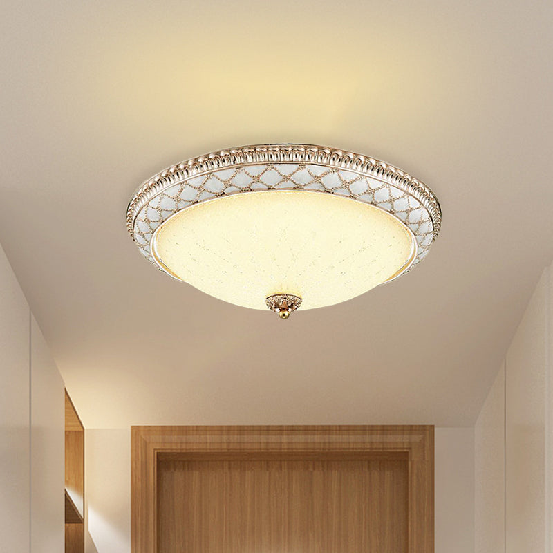 Traditional White Glass LED Flush Mount with Carved Trim – Bowl-Shaped Bedroom Beige Flushmount