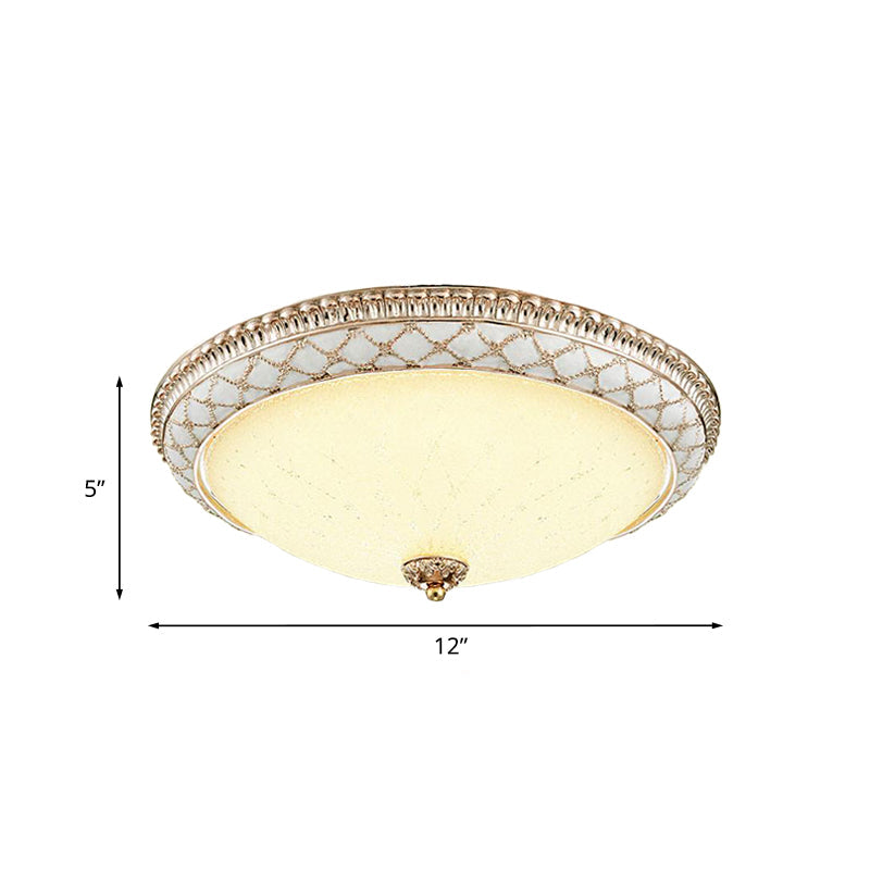Traditional White Glass LED Flush Mount with Carved Trim – Bowl-Shaped Bedroom Beige Flushmount