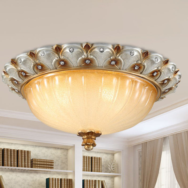 Traditionalist Yellow Glass Flush Mount Light Fixture - Bronze/White 3-Bulb Flushmount for Living Room