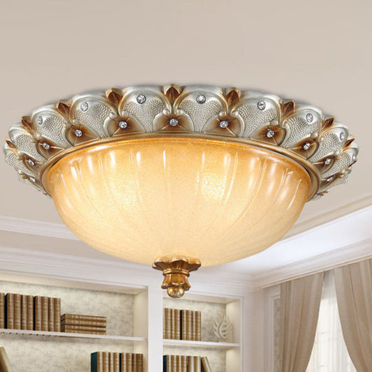 Traditionalist Yellow Glass Flush Mount Light Fixture - Bronze/White 3-Bulb Flushmount for Living Room