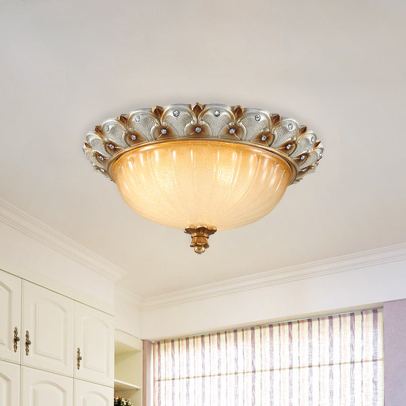 Traditionalist Yellow Glass Flush Mount Light Fixture - Bronze/White 3-Bulb Flushmount for Living Room