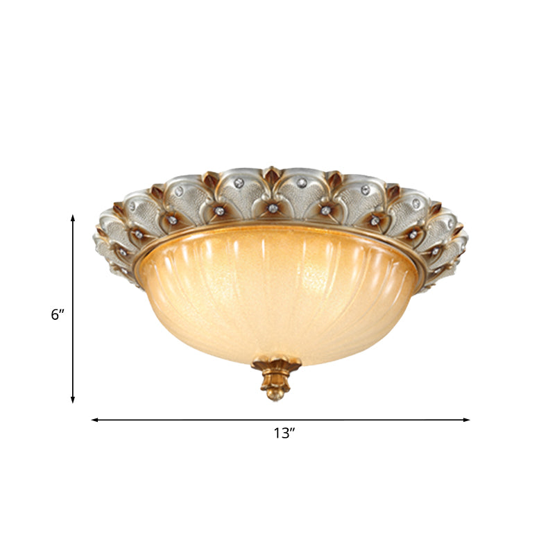 Traditionalist Yellow Glass Flush Mount Light Fixture - Bronze/White 3-Bulb Flushmount for Living Room