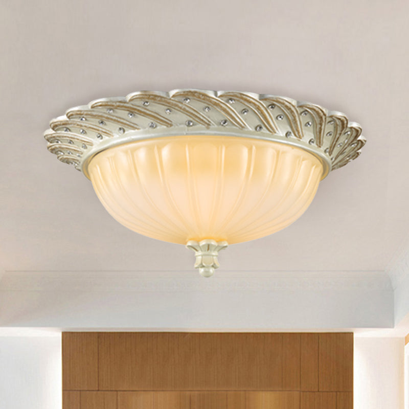 Traditionalist Yellow Glass Flush Mount Light Fixture - Bronze/White 3-Bulb Flushmount for Living Room