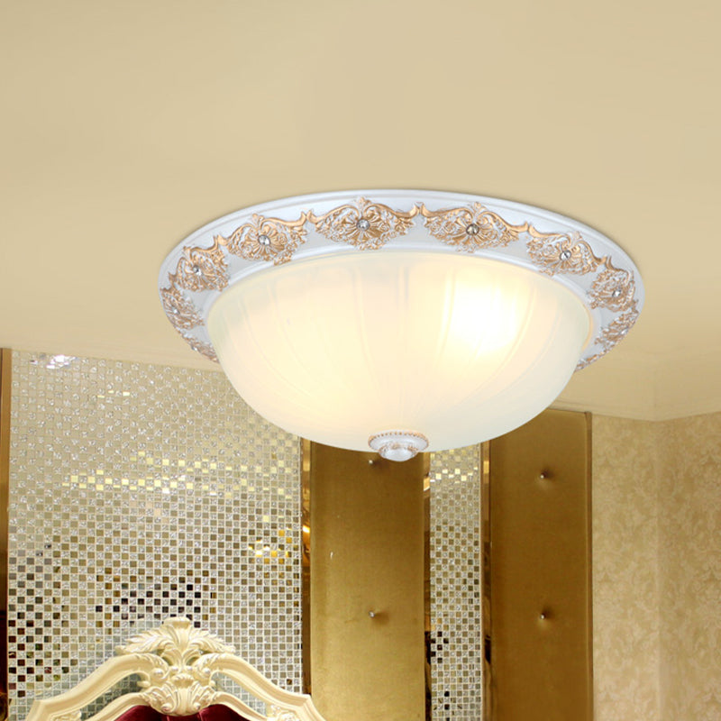 Frosted White Glass Dome 3-Light Bedroom Flush Mount with Carved Edge