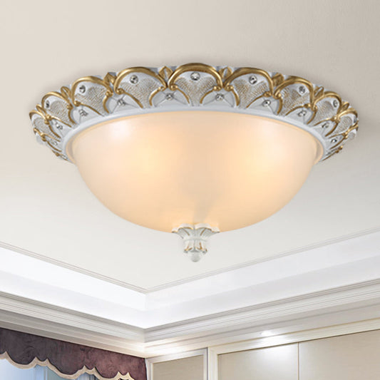 Frosted White Glass Dome 3-Light Bedroom Flush Mount with Carved Edge