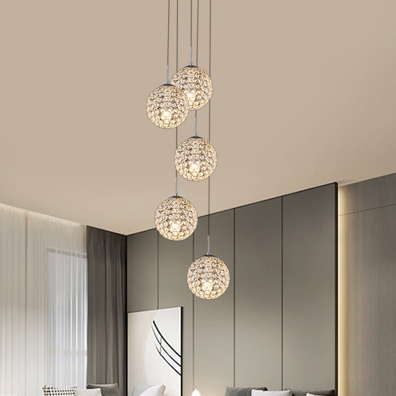 Cluster Pendant Ceiling Light With Crystal Embedded Chrome Finish - Modernist Design (3/5/6 Bulbs)
