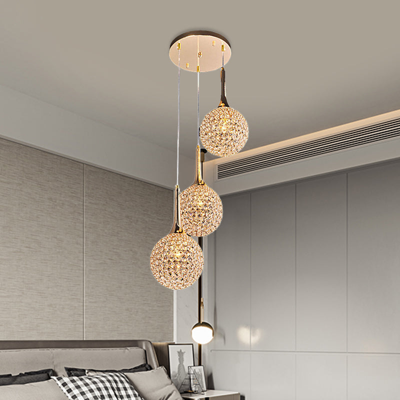 Multi-Headed Pendant Dining Room Lamp Kit with Crystal-Encrusted Shade in Gold
