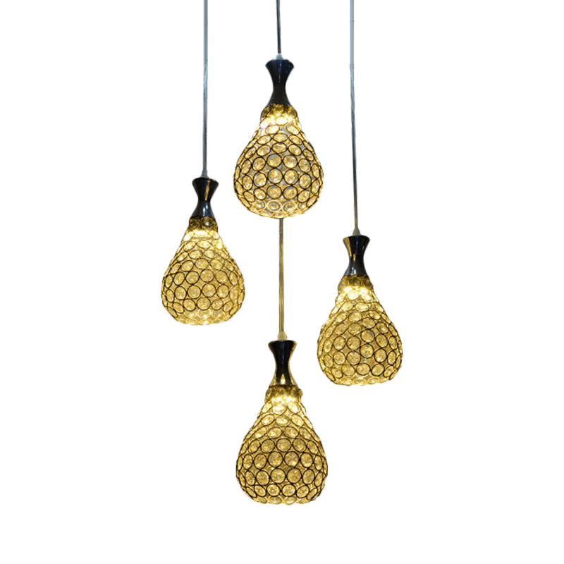 Contemporary Crystal Teardrop Multi Pendant Light with 4 Bulbs - Chrome/Gold Suspension Lamp for Dining Room