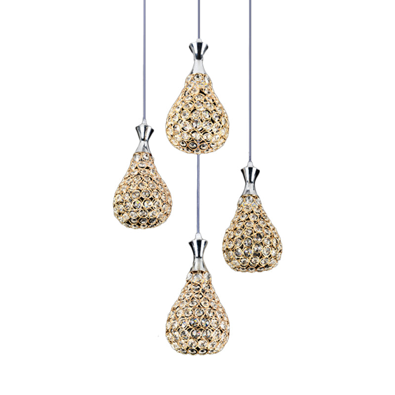 Contemporary Crystal Teardrop Multi Pendant Light with 4 Bulbs - Chrome/Gold Suspension Lamp for Dining Room
