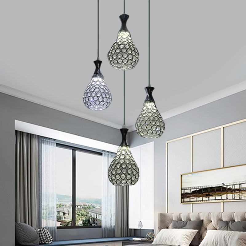 Contemporary Crystal Teardrop Multi Pendant Light with 4 Bulbs - Chrome/Gold Suspension Lamp for Dining Room