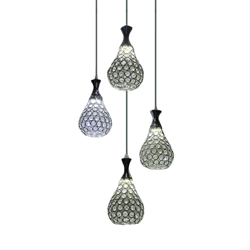 Contemporary Crystal Teardrop Multi Pendant Light with 4 Bulbs - Chrome/Gold Suspension Lamp for Dining Room